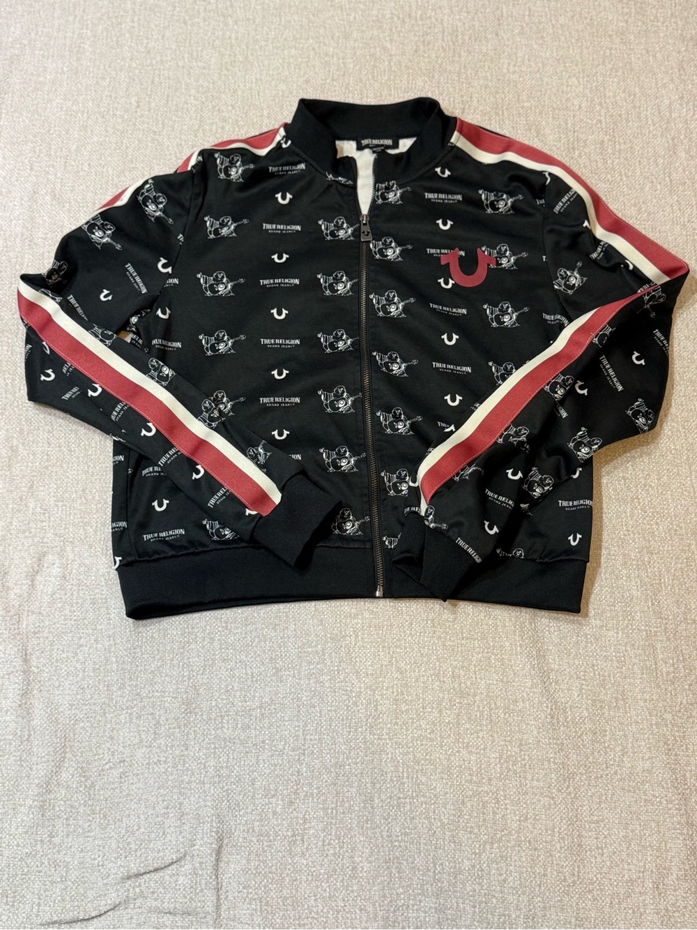 True Religion XL Buddha Track Jacket Black Red Y2K Streetwear Logo AOP